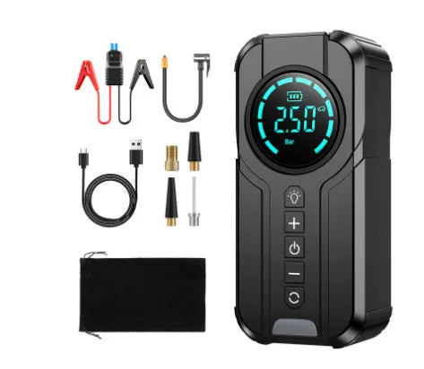 Black wireless portable car air pump with digital display, 6000mAh battery, carry bag, power cable, and assorted inflation nozzles.