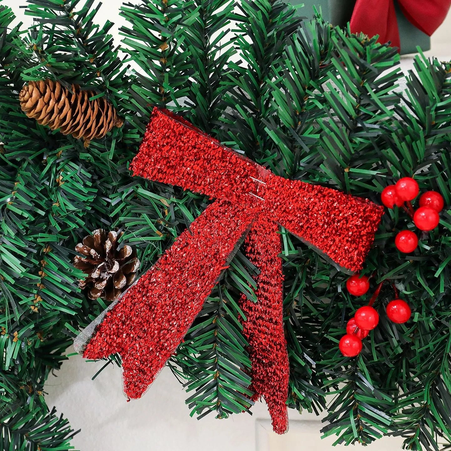 European style Christmas decorative pine cone bow rattan showcase arrangement with PVC construction