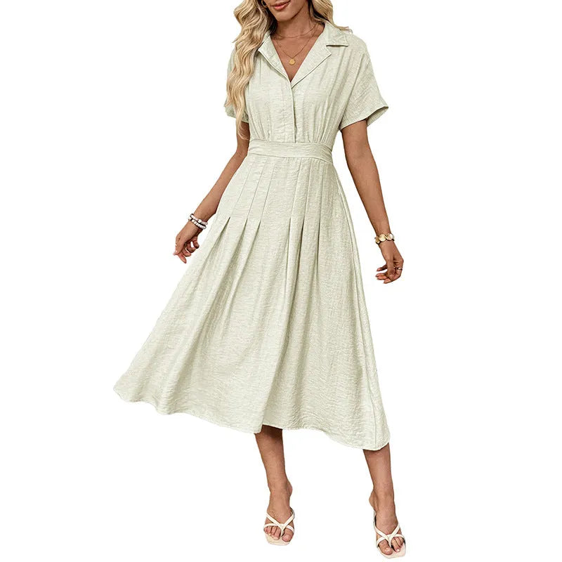 Light green twill lapel pocket shirt dress with waist tight skirt and splicing design for commute