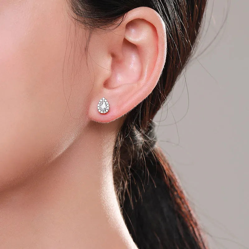 Women's silver drop ear studs with diamond finish on 925 sterling silver
