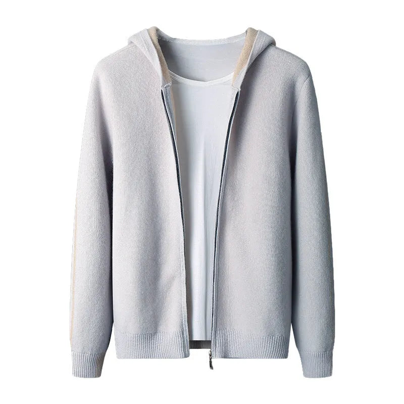 Men's dark blue cashmere blend zip cardigan with half-high collar and long sleeves