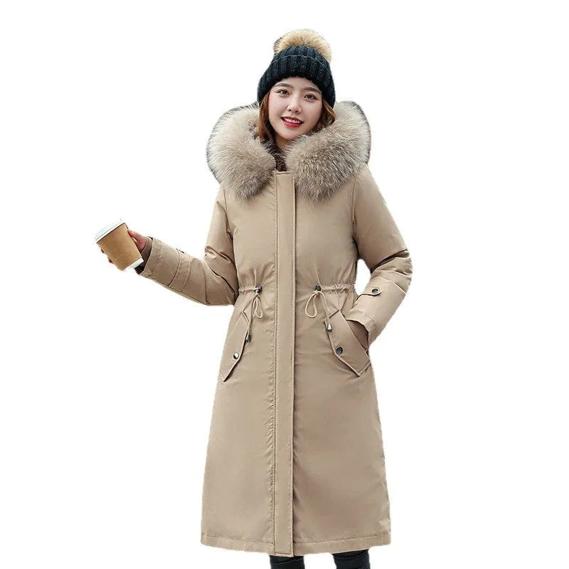 Women's long fleece trench coat in bean green colour with 100cm length and down cotton filler