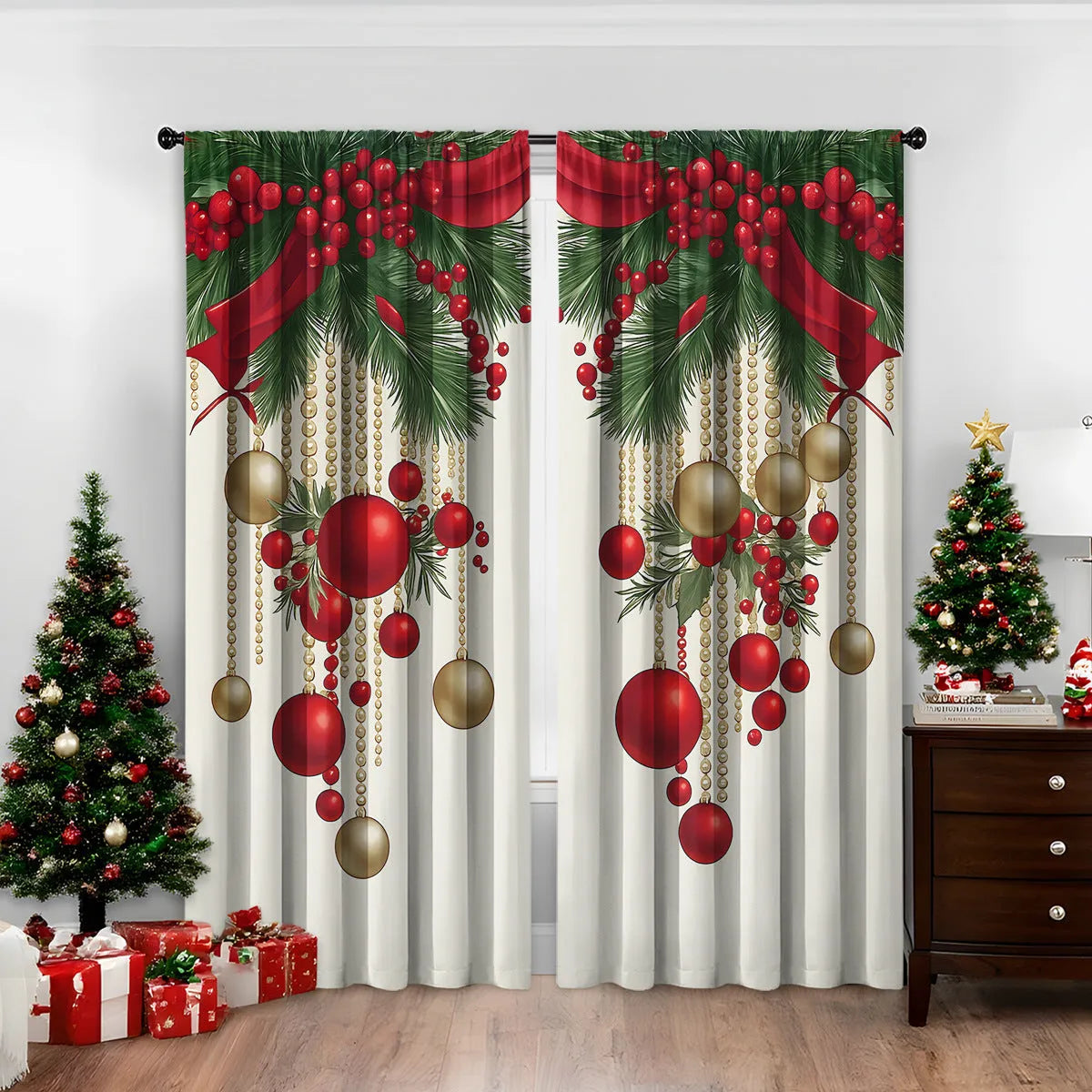 Pair of 3D digitally printed Christmas curtains in a modern European style pattern, hanging at a window.