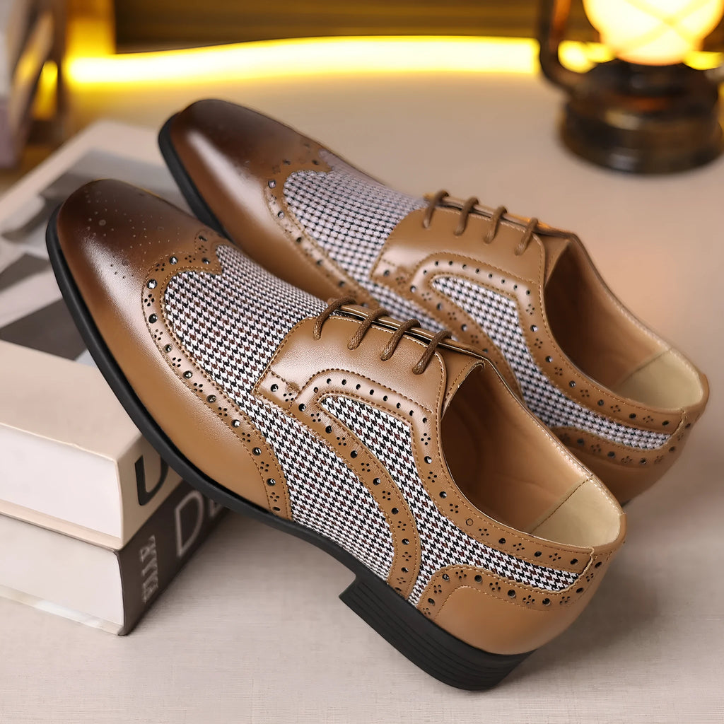 Men's black houndstooth plaid canvas casual shoes with a rubber sole and square toe.
