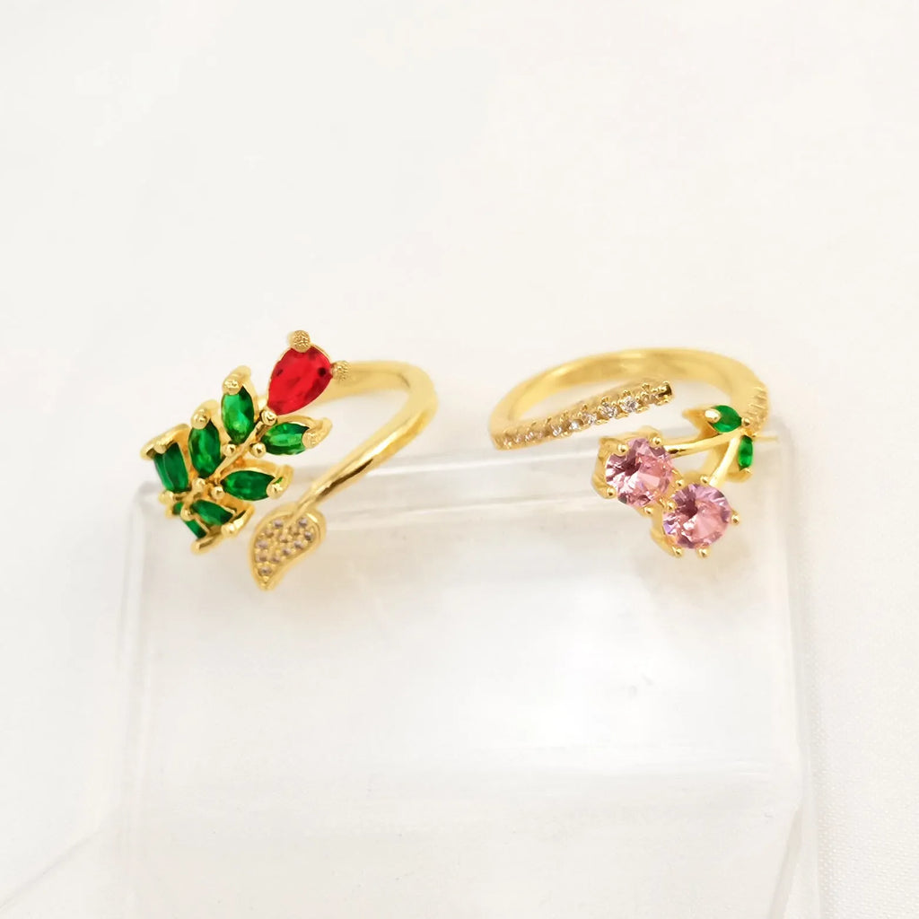 Copper gold zircon geometric leaf open ring with national style design for women