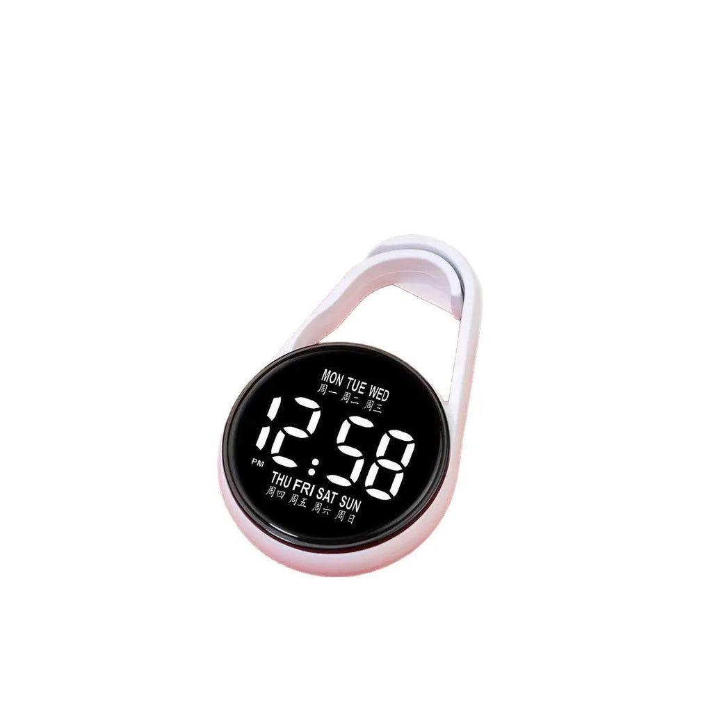 LED digital watch with luminous display and plastic strap in one of ten colour options on a wrist.