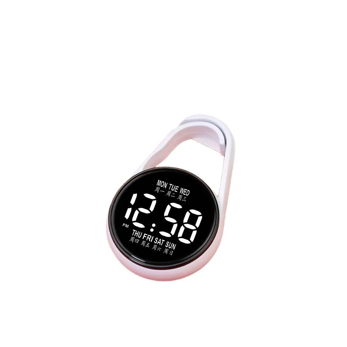 LED digital watch with luminous display and plastic strap in one of ten colour options on a wrist.