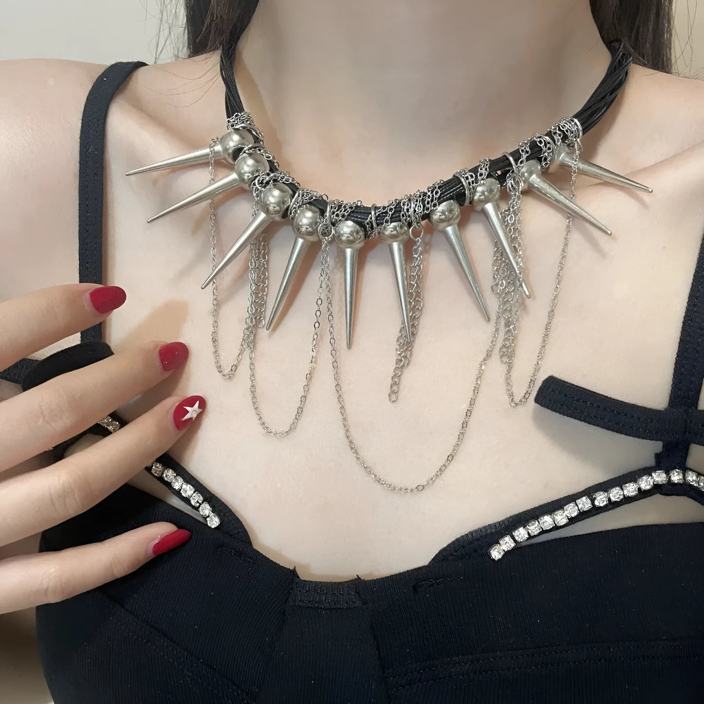 Rivet round beads winding tassel necklace with leather cord and electroplated details