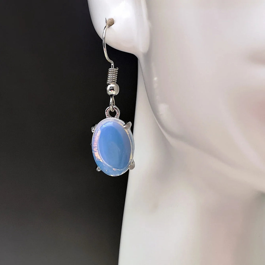 Moonlight white opal drop earrings with retro moonstone design and elliptical elements