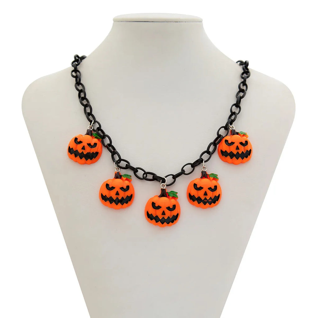 Halloween necklace with acrylic ghost and pumpkin pendant in mixed colours on regular chain