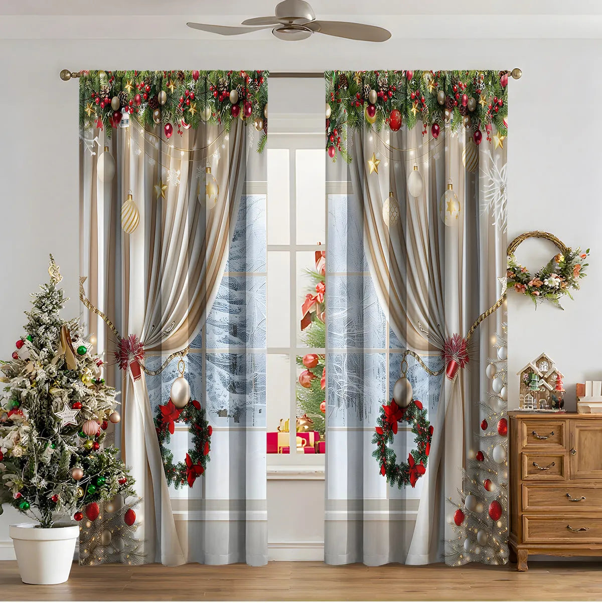 Pair of 3D digitally printed Christmas curtains in a modern European style pattern, hanging at a window.