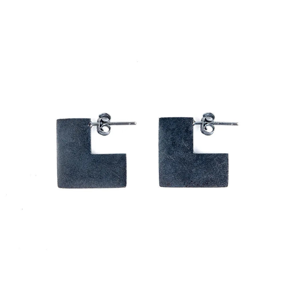 Oxidised black 925 sterling silver geometry square earrings ring set with cold wind style and approximately 16mm size