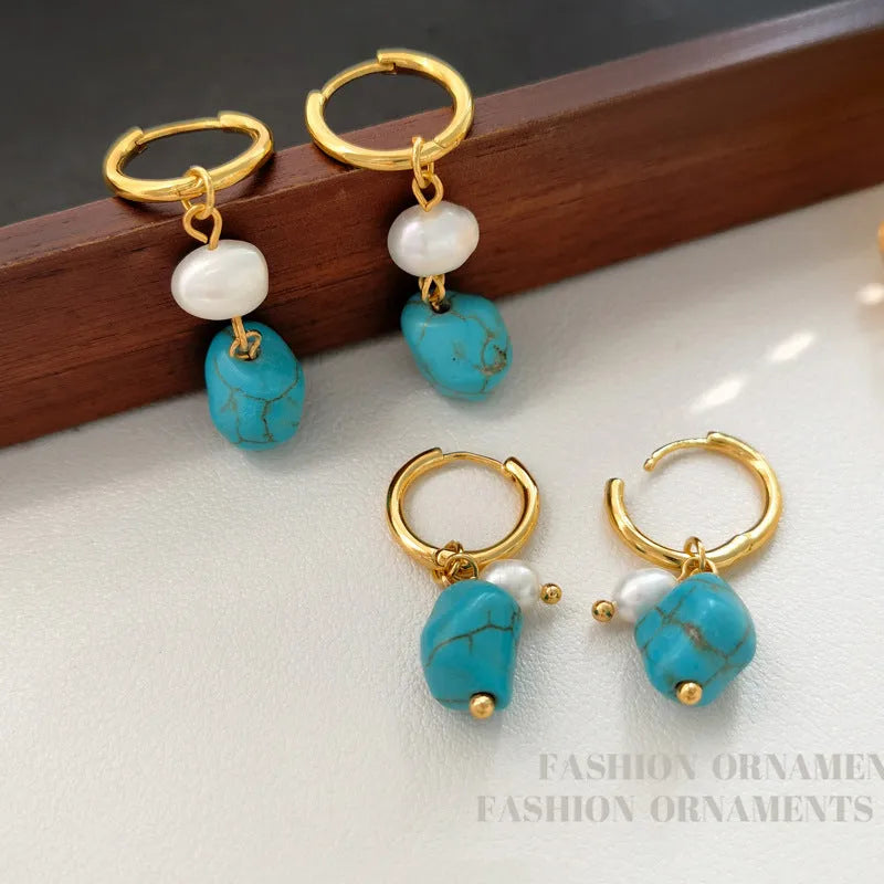 Copper geometric earrings with irregular turquoise stones and cultured pearls in dangle and clip styles