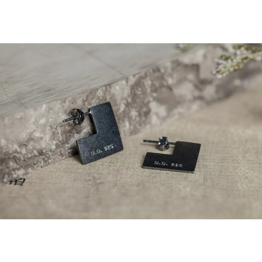 Oxidised black 925 sterling silver geometry square earrings ring set with cold wind style and approximately 16mm size