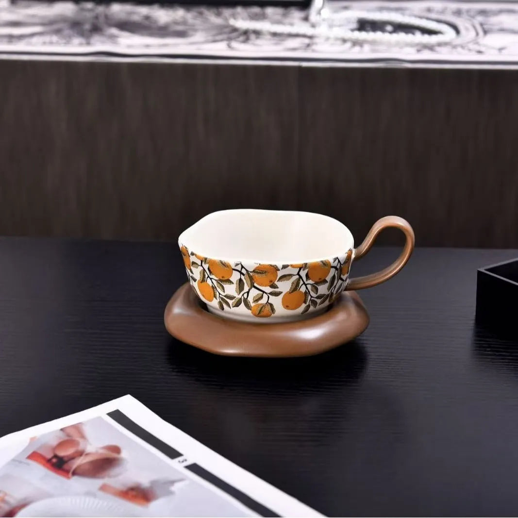 Antique style ceramic coffee cup and saucer set in retro luxury design