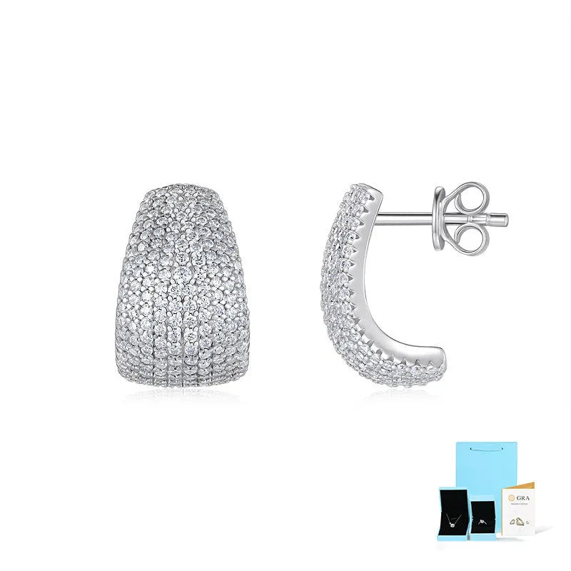 Geometric sterling silver stud earrings with moissanite stones in gift box