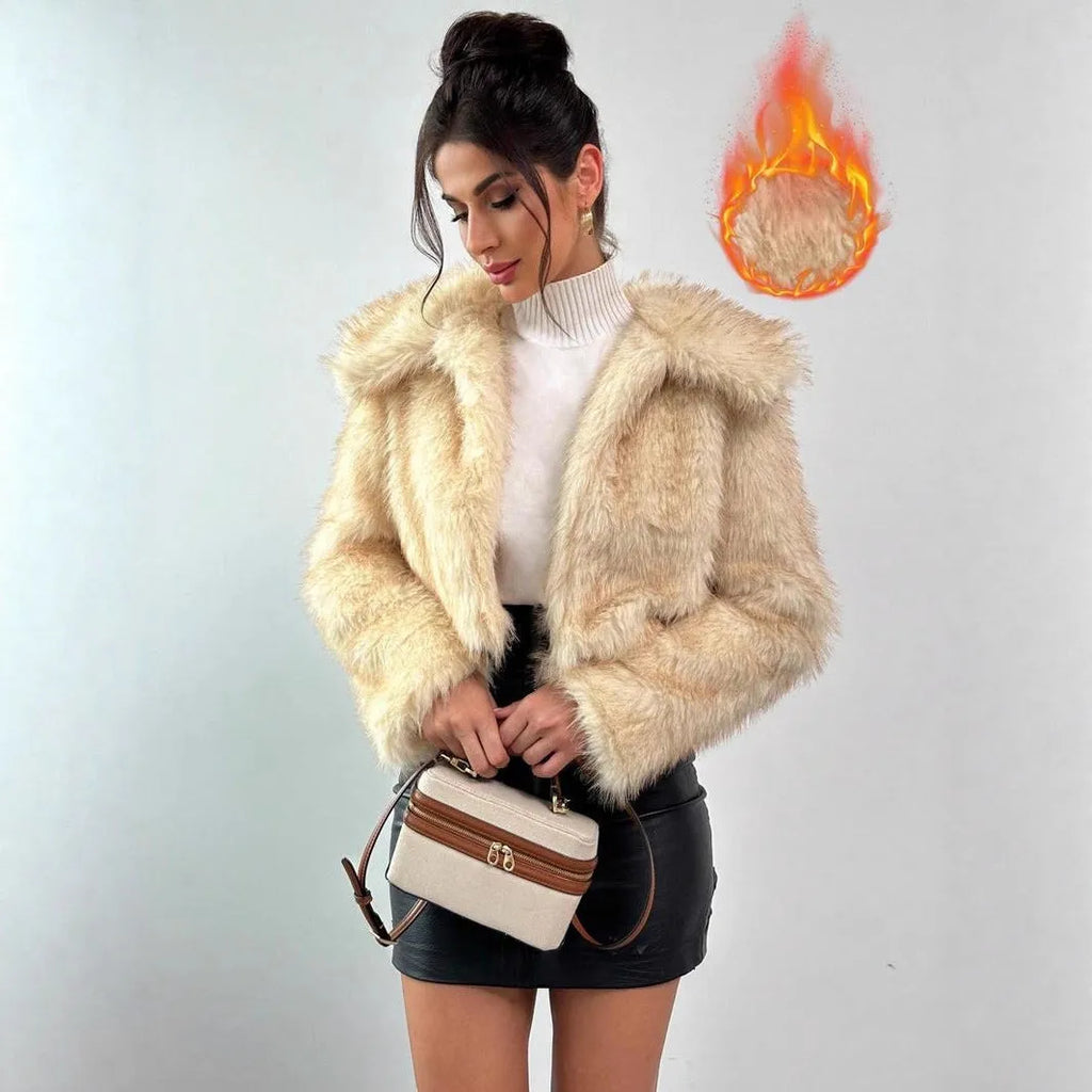 Artificial fur coat with faux fox fur collar in short 40cm length available in multiple colour options
