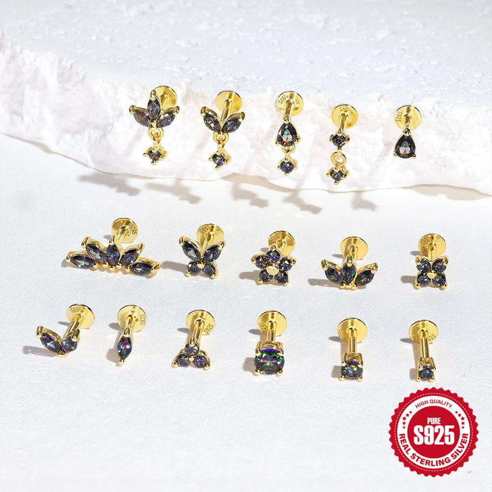 S925 sterling silver flat head thread piercing earrings with super shiny rainbow stone in gold colour