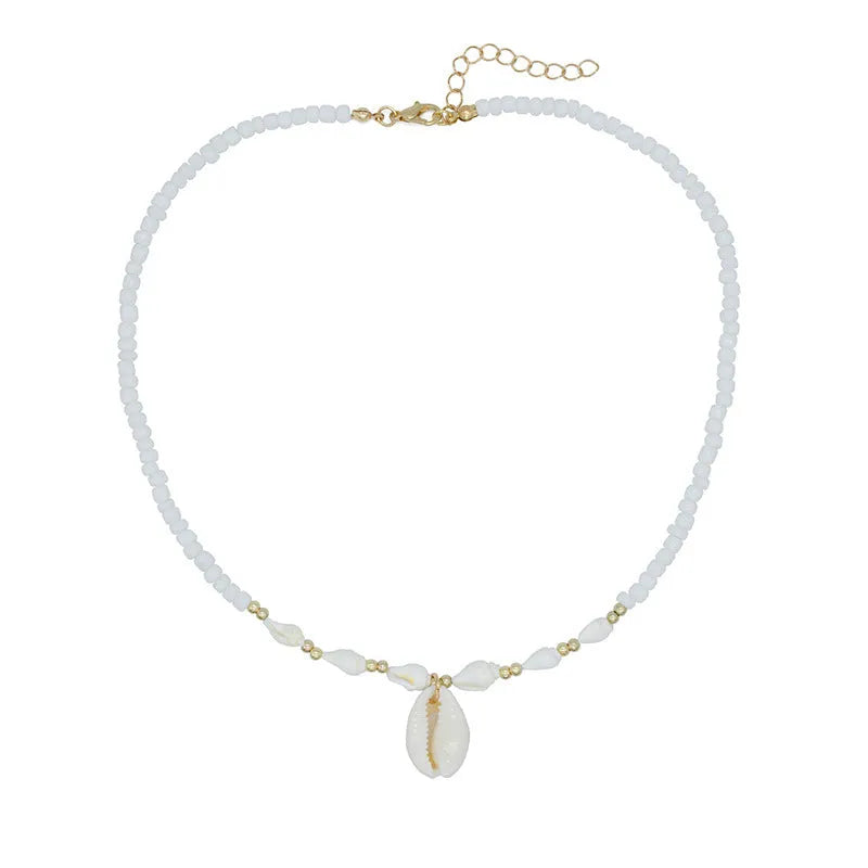 White mother pearl shellfish conch bead necklace with electroplated finish and shell pendant on regular chain