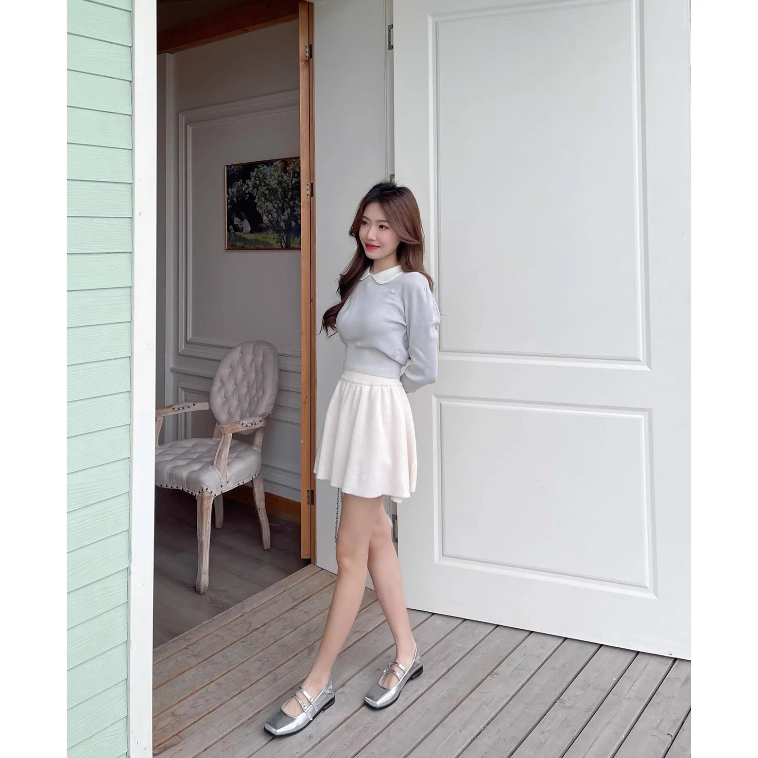 Genuine sheepskin leather Mary Jane ballet flats with cross-buckle strap in silver colour