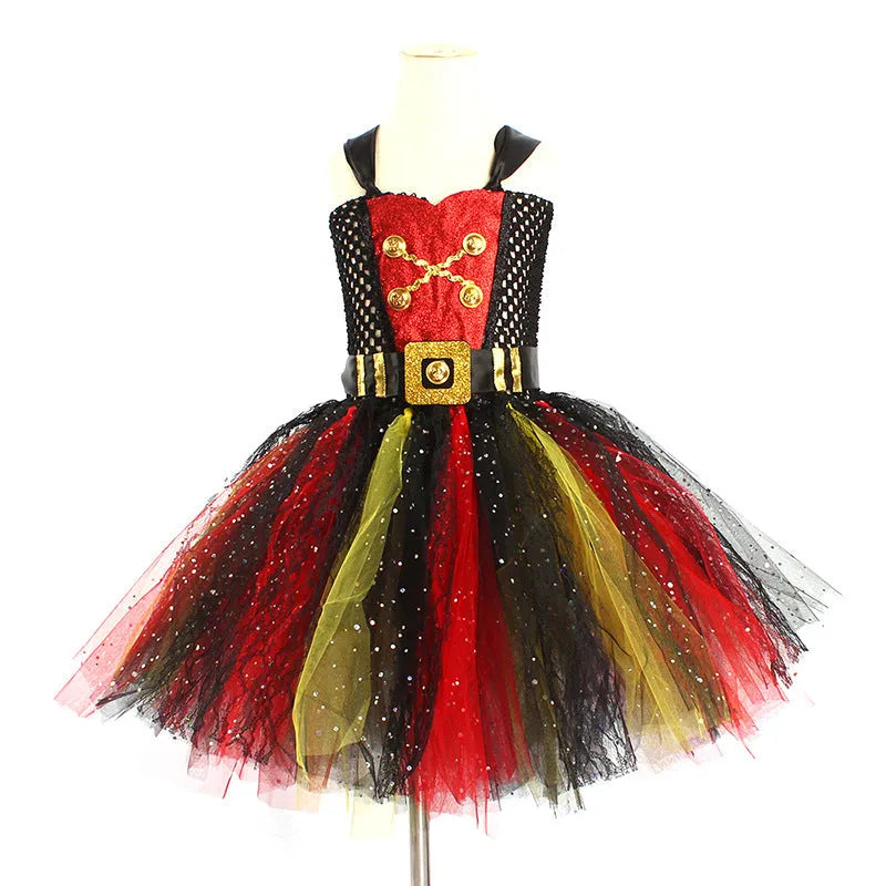 Girls sleeveless pirate costume dress with sequin gauze and lace trim for Halloween