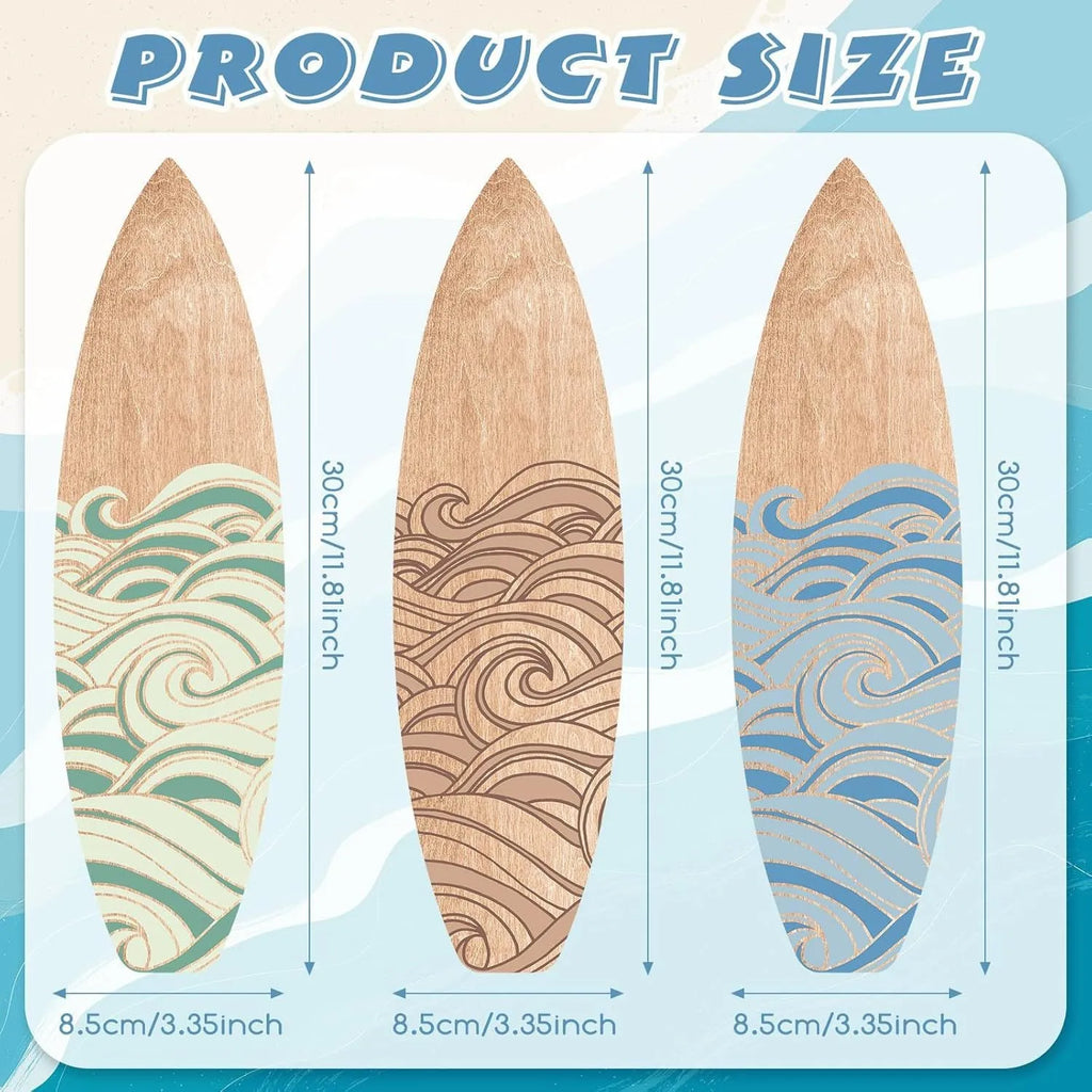 Set of three wooden boxwood surfboard wall decorations, 8.5x30cm each, European style