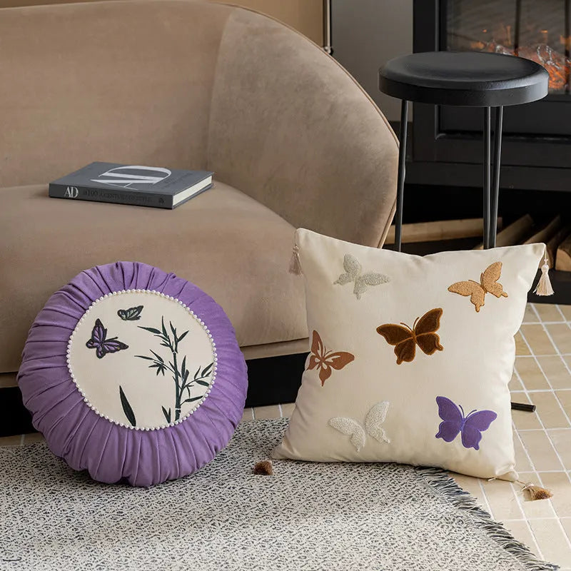 Square cushion with Chinese style butterfly embroidery in beige, black, or purple colour, 45x45 cm size