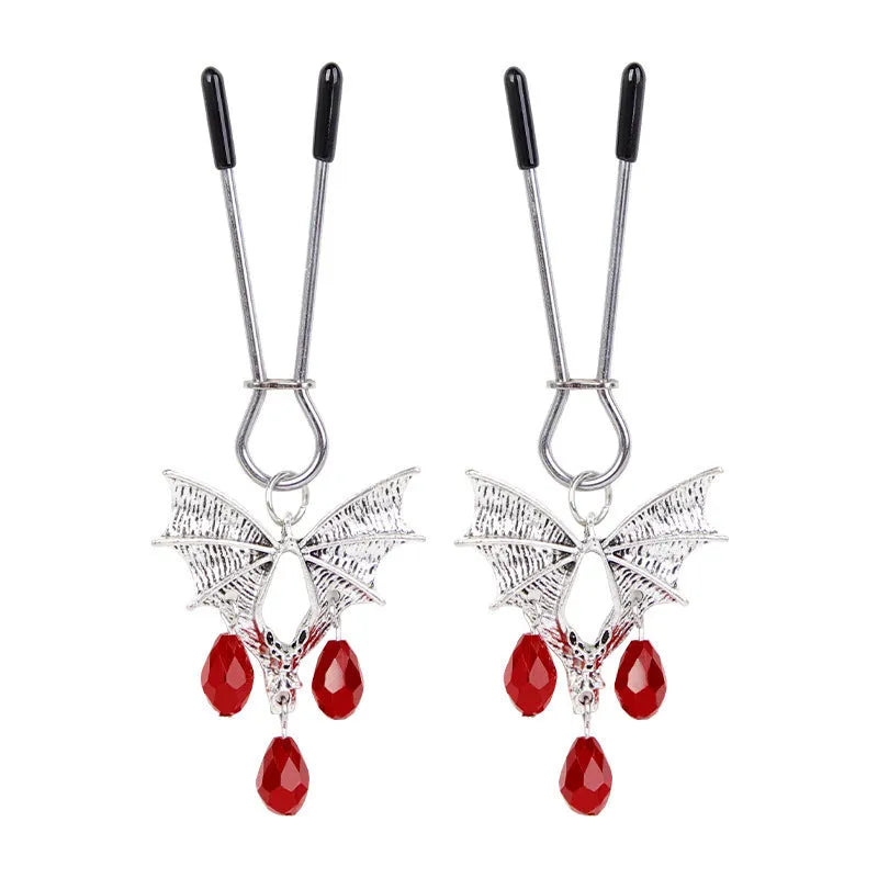 Silver alloy adjustable bat nipple clamp with screw mechanism on white background