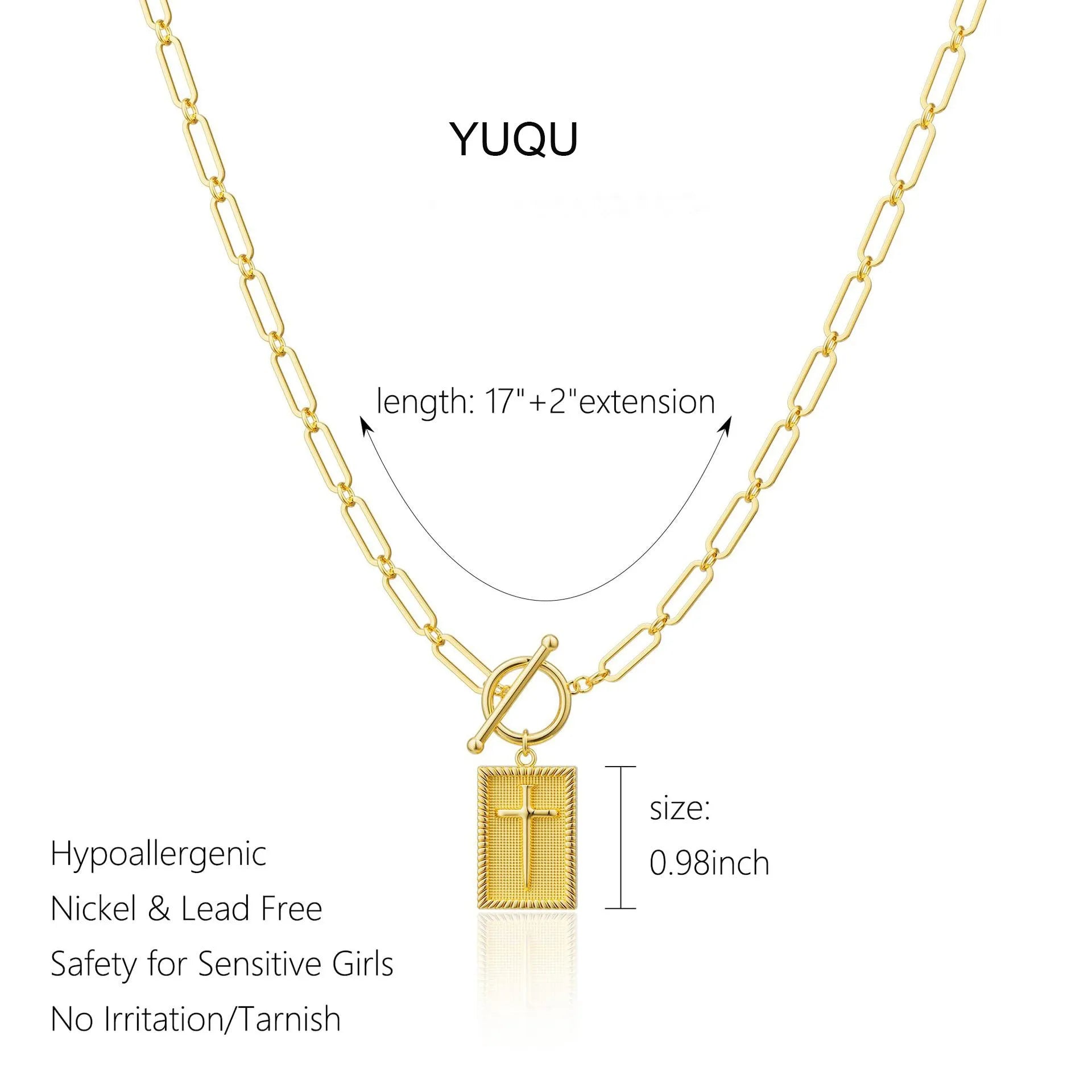 Gold clip cross square pendant necklace on clip chain stainless steel electroplated finish