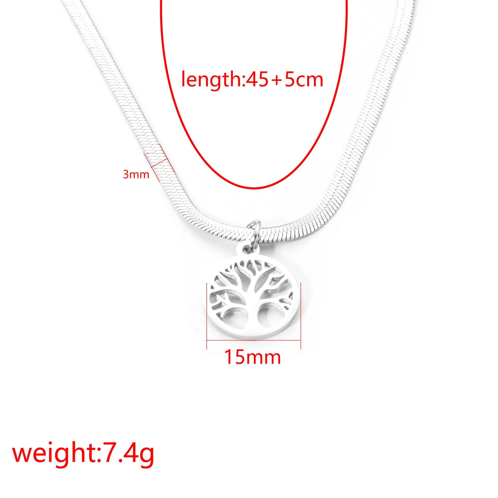 Stainless steel lucky tree pendant necklace on snake bone chain with adjustable 51-60cm length