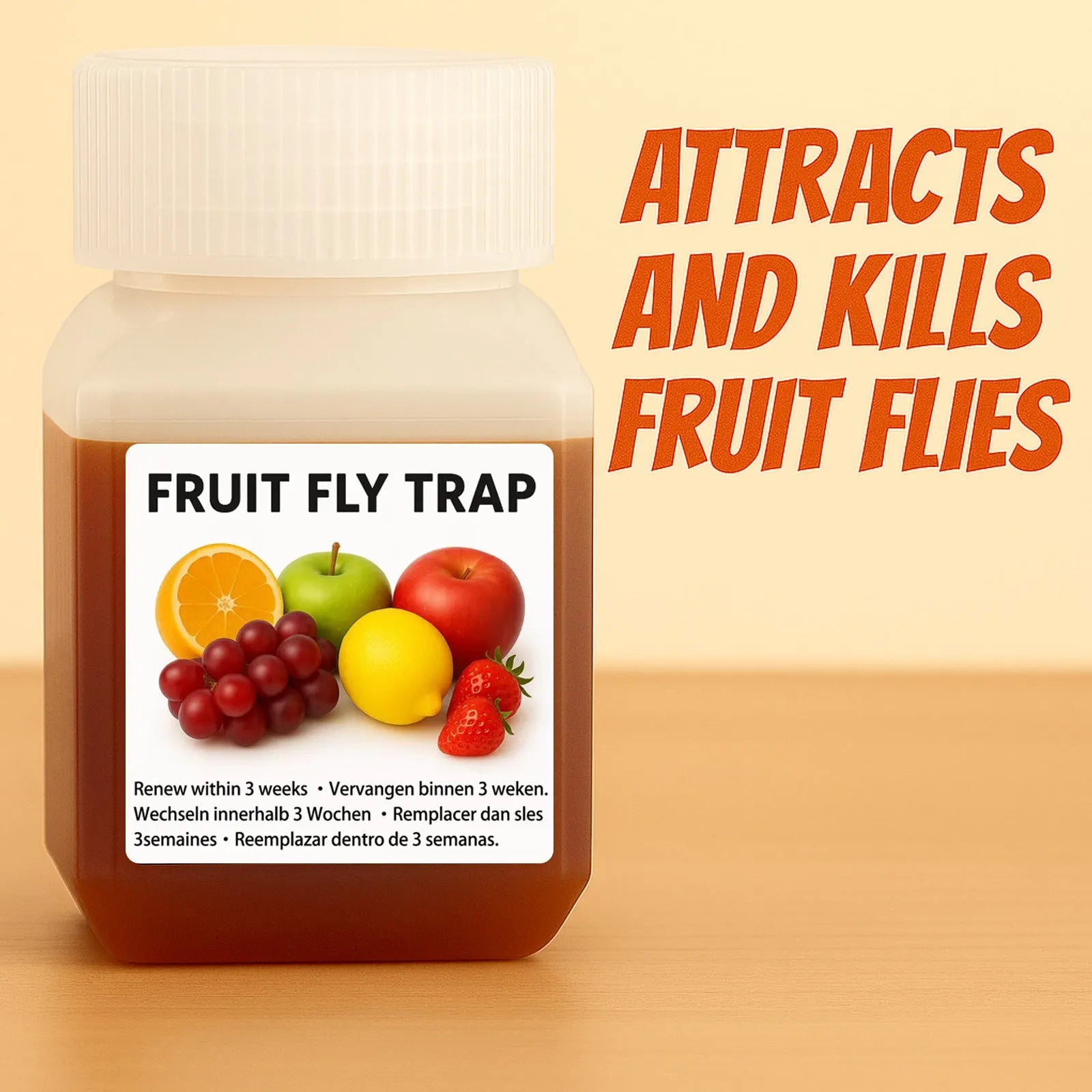 Bottle of fruit fly bait liquid for trap refill, available in multiple specifications.