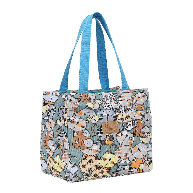 Women's square canvas handbag with aluminium frame in floral, cat and letter printed designs