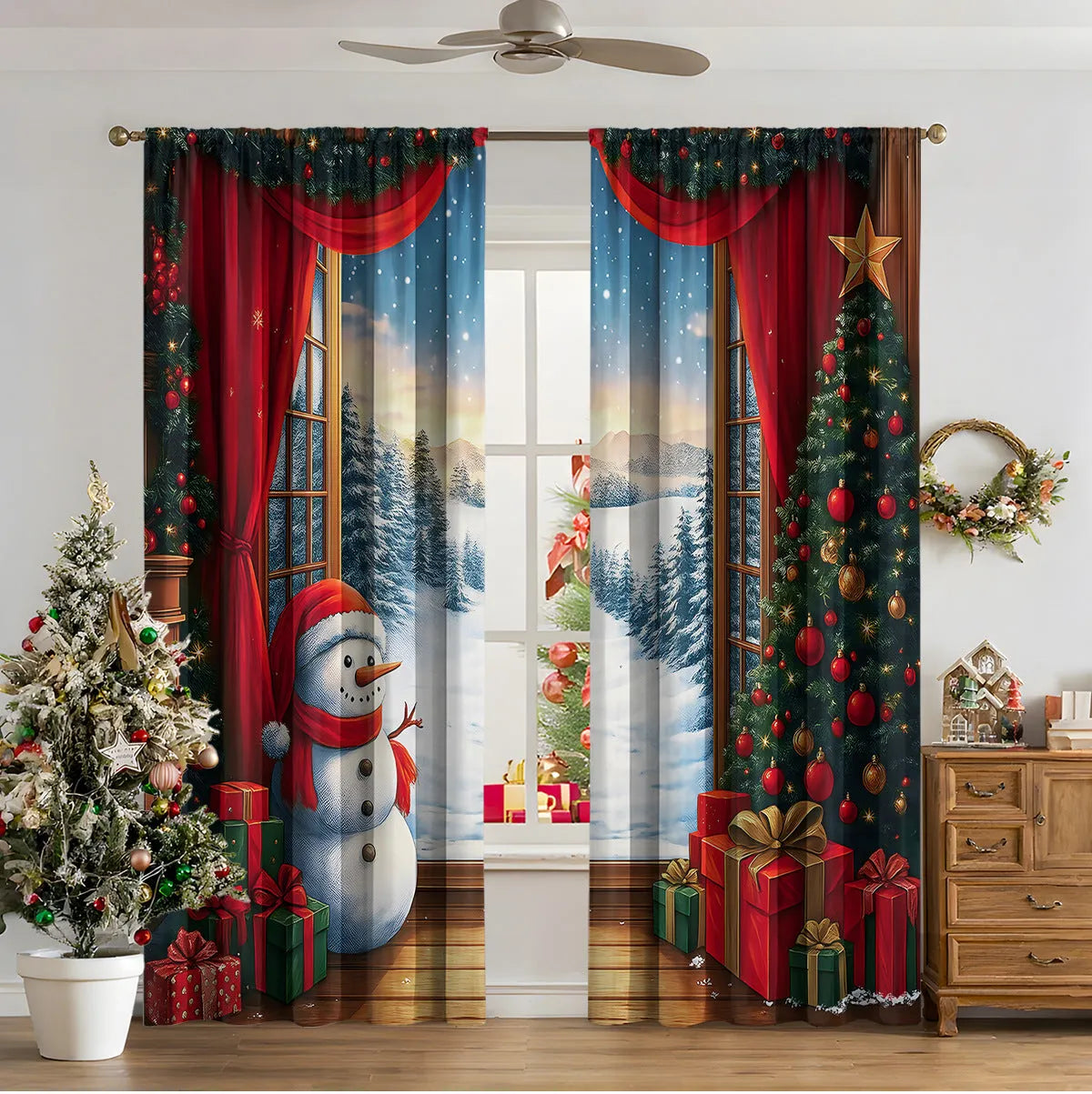 Pair of 3D digitally printed Christmas curtains in a modern European style pattern, hanging at a window.