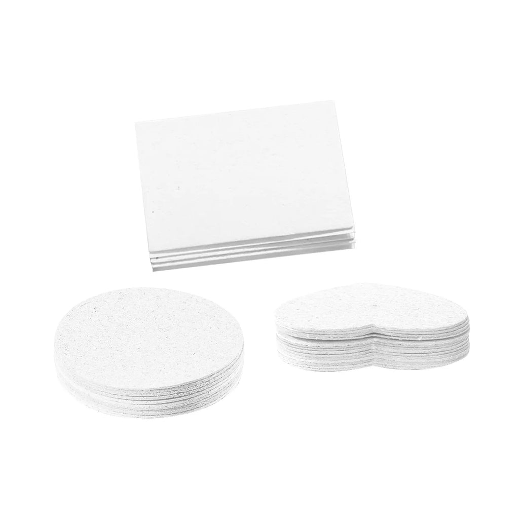 Cartoon-design wood pulp paper set for painting sponges, showing heart, round, and square shapes with fountain pens.