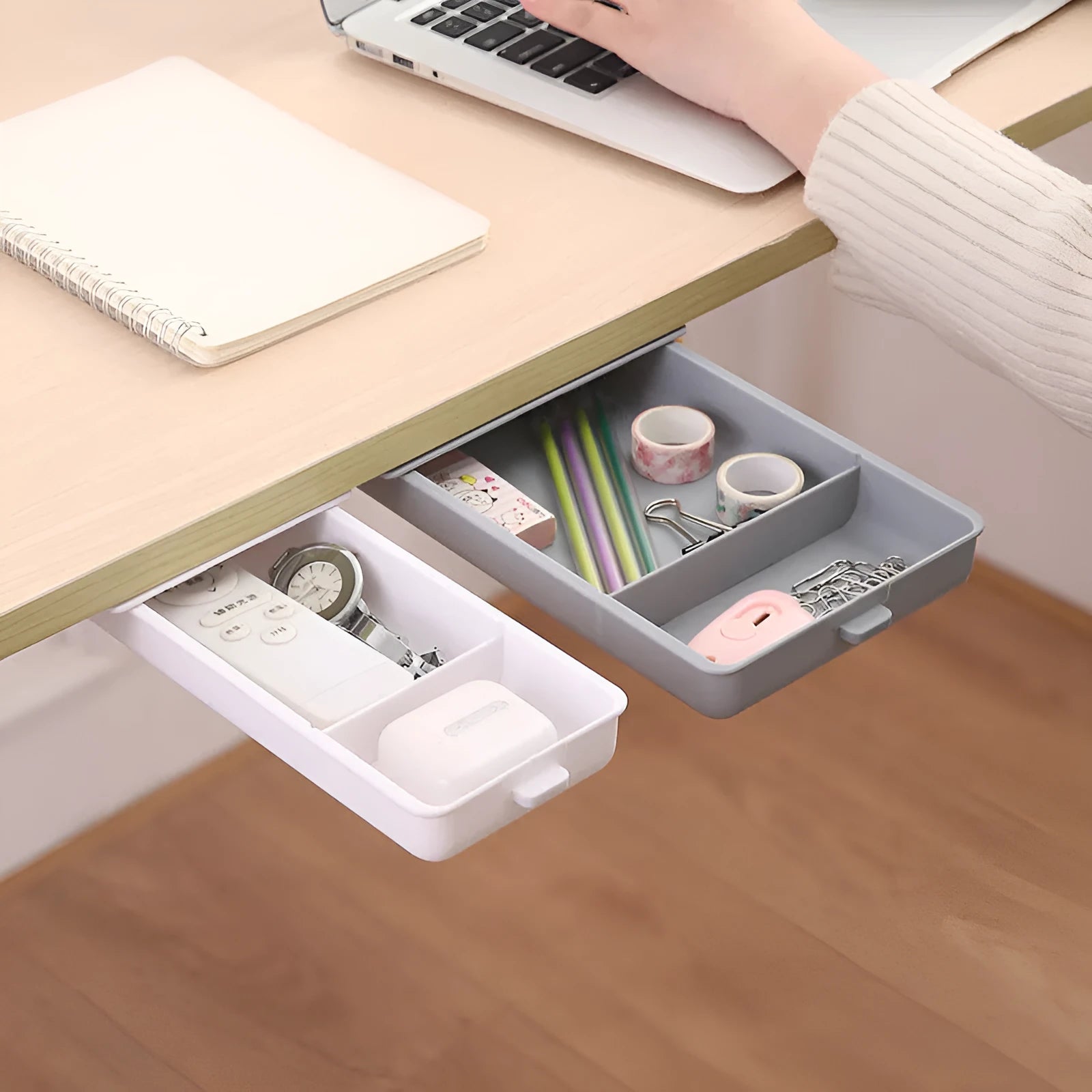 Adhesive under-table storage drawer with covered design and internal grid organisation compartments