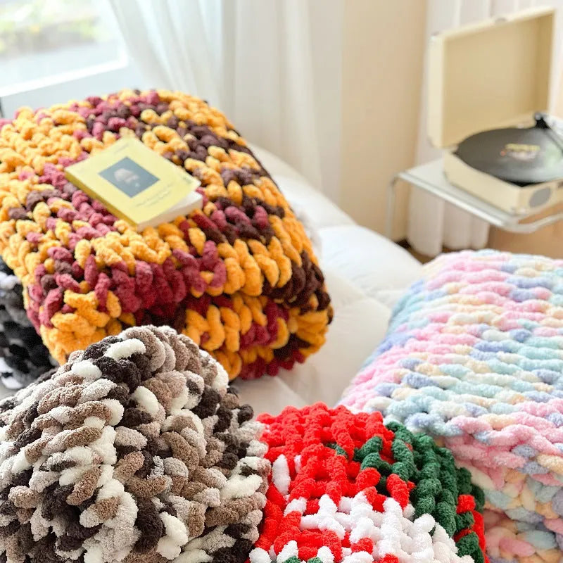 Handmade chenille striped blanket in caramel mango colour showing ice bar section dyed pattern