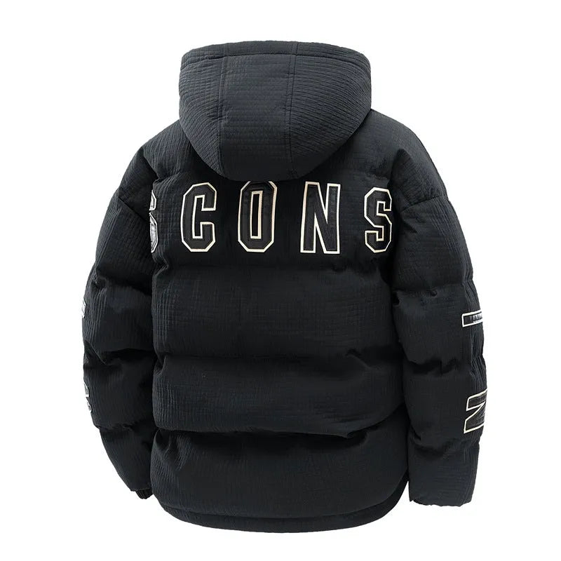 Men's black hooded padded winter coat with letter print and side pockets, shown in a Korean style cardigan fit.