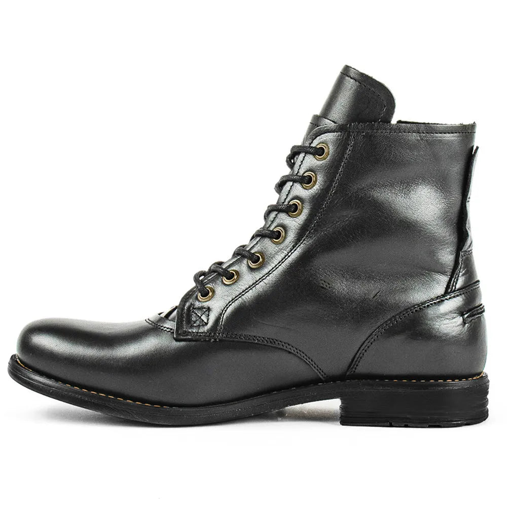 Black and brown two-tone men's leather boots with a side zipper, shown on a white background.