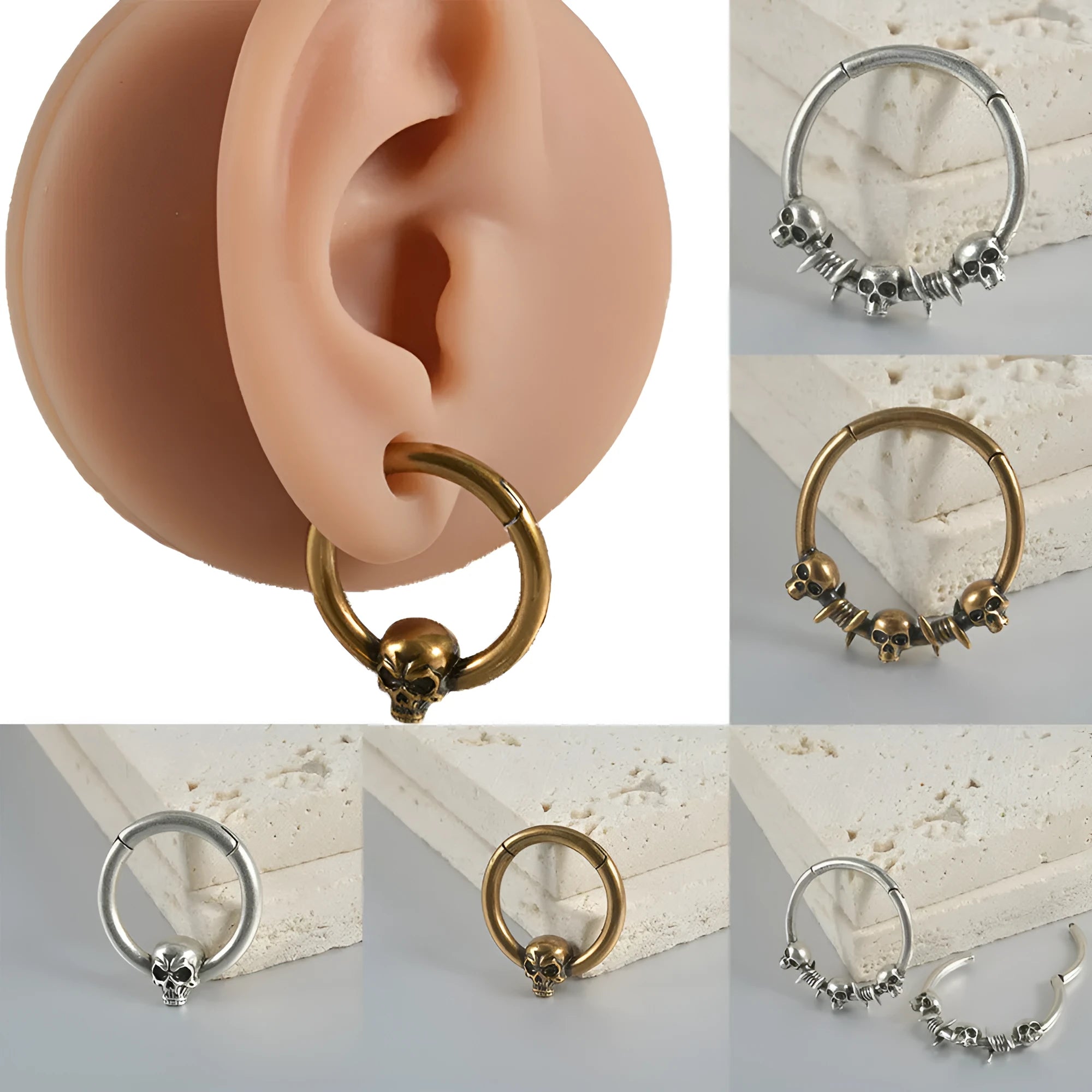 Copper punk earrings with ghost head design in ancient silver finish