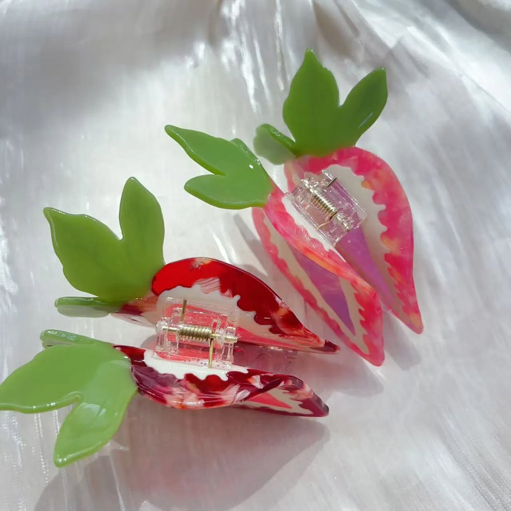 Red and pink pastoral strawberry design girls' hairpin, handcrafted hair clip.