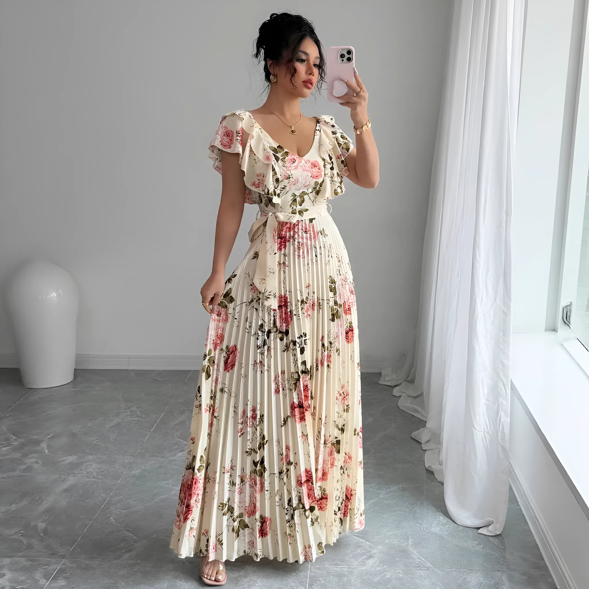 Apricot floral print v-neck dress with ruffled short sleeves and swing skirt