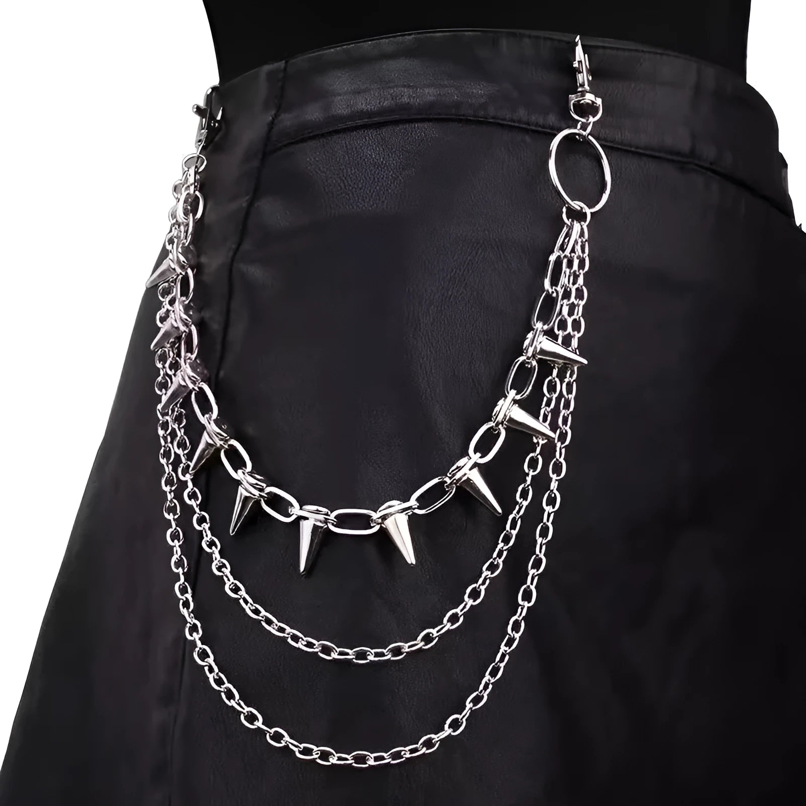Silver alloy trousers chain with rivet and zipper detailing on 115cm adjustable length for punk fashion