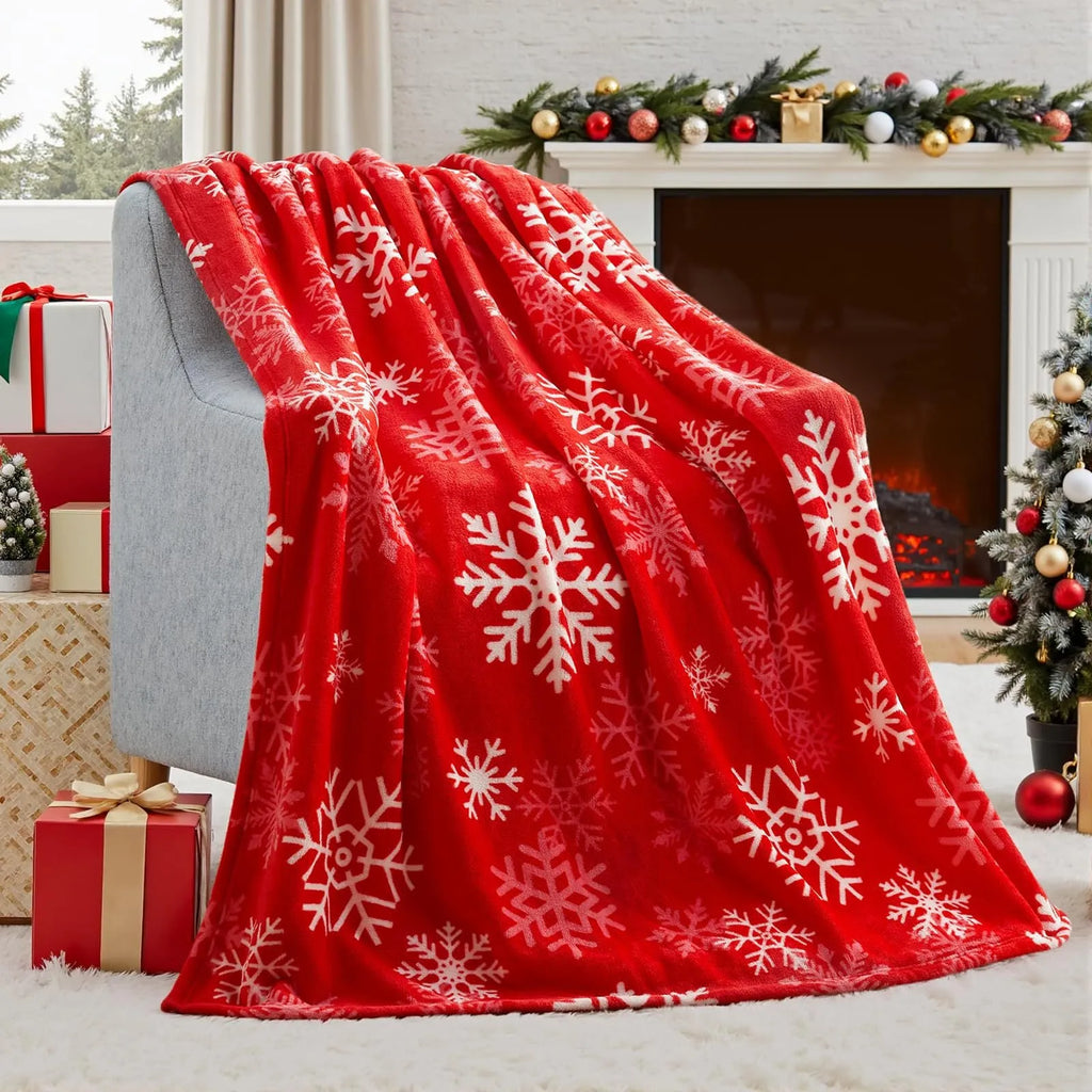 Soft flannel Christmas blanket in chosen colour with American style design on furniture