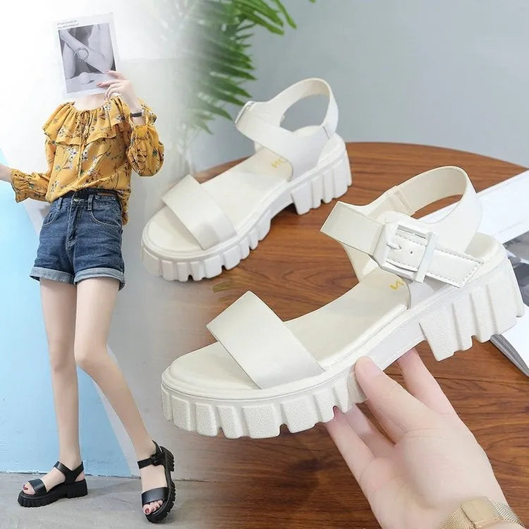 Women's peep toe platform sandals in beige with ankle-strap buckle and PU upper