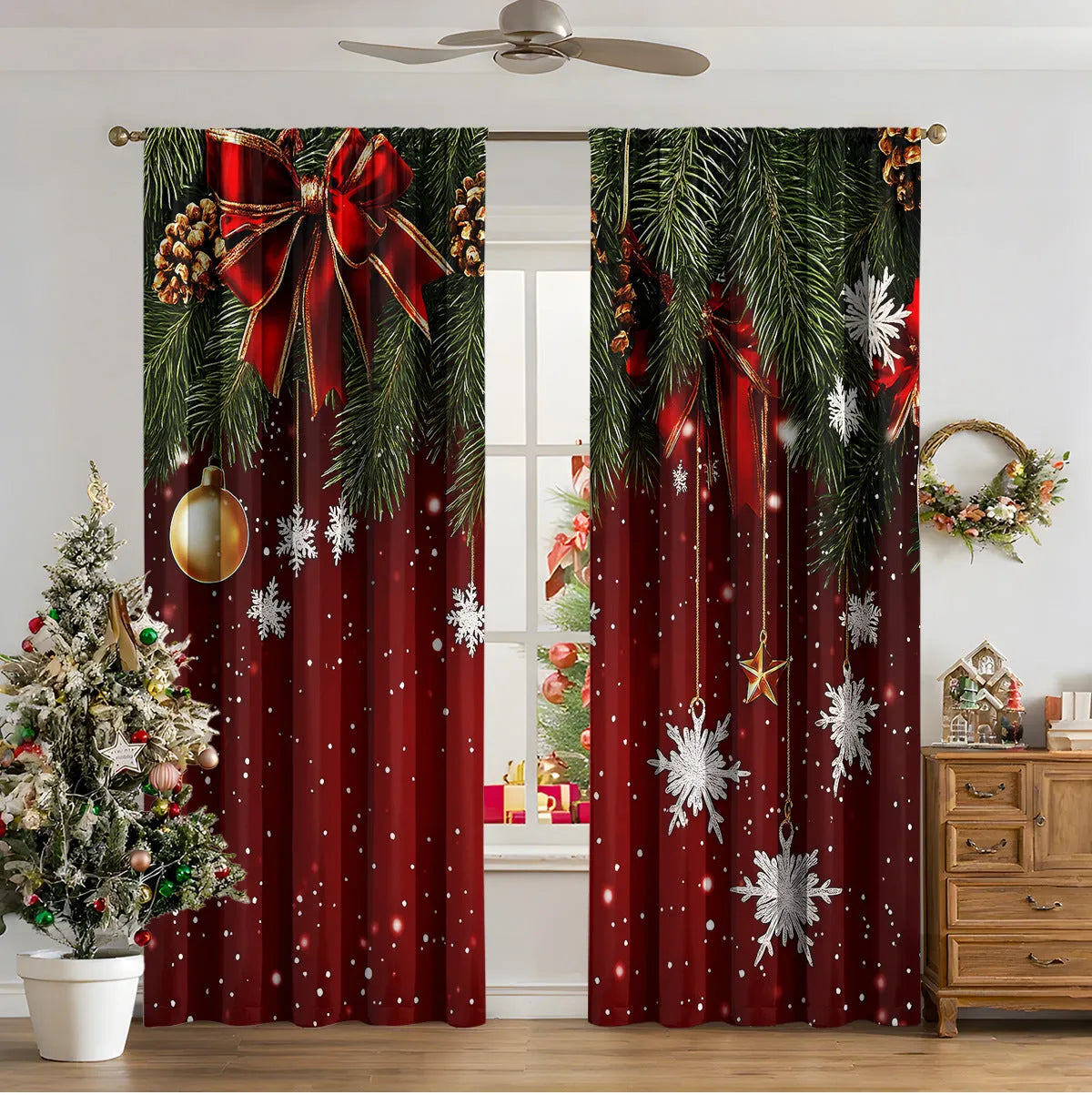 Pair of 3D digitally printed Christmas curtains in a modern European style pattern, hanging at a window.