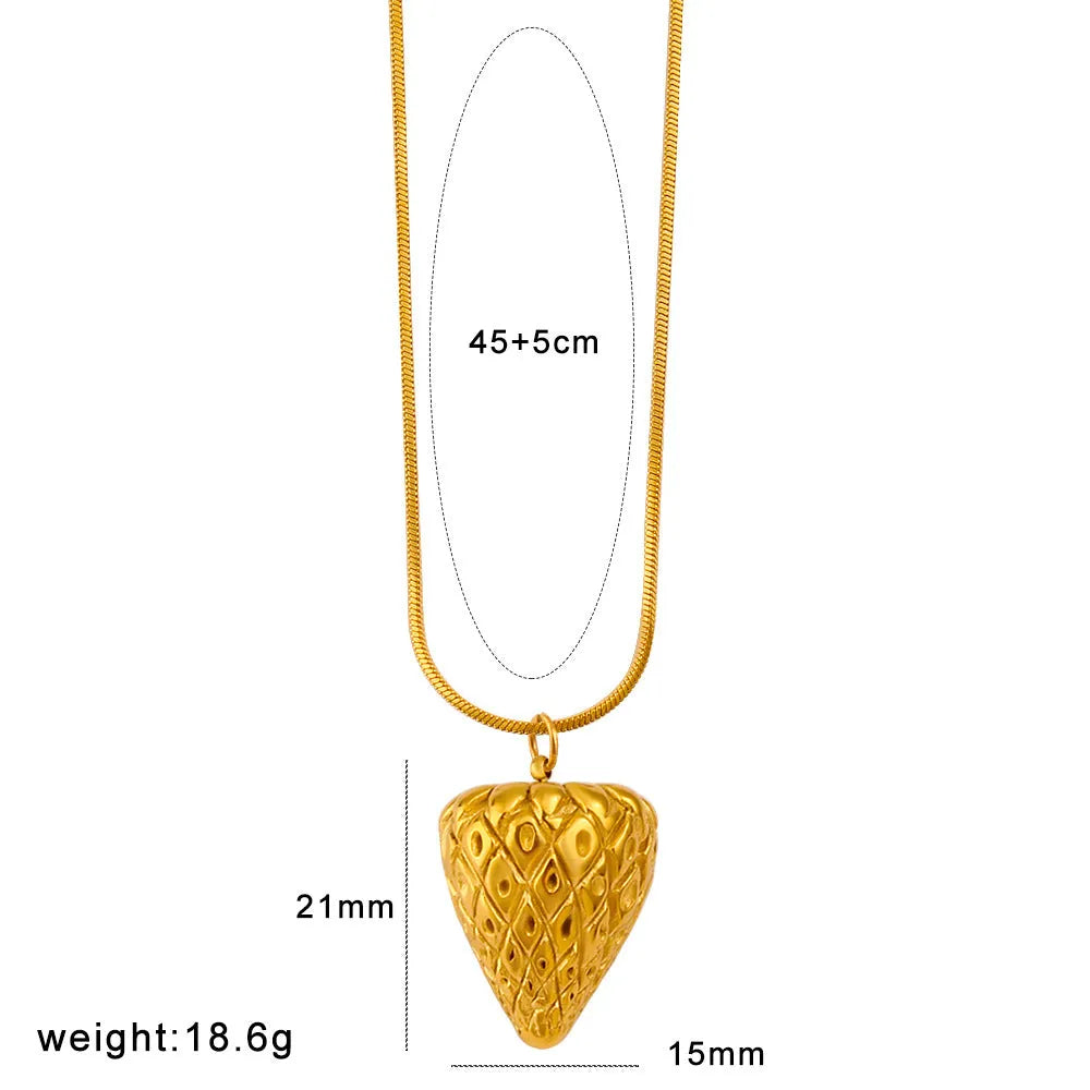 Stainless steel fruit charm necklace on alloy chain, showing apple, grape, and watermelon pendant options.