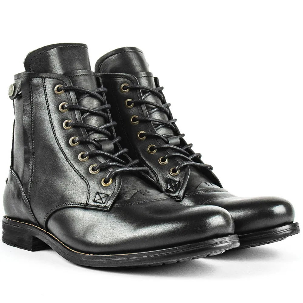 Black and brown two-tone men's leather boots with a side zipper, shown on a white background.
