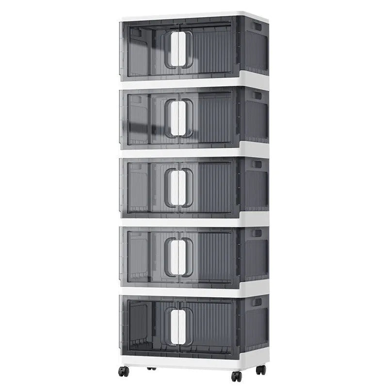 Foldable white storage locker with wheels showing multiple tiers for household organisation