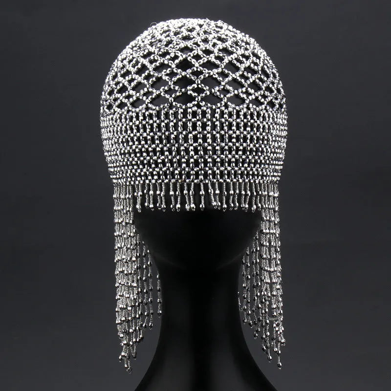Alloy belly dance headwear with handmade beaded mesh decorative design and tassel