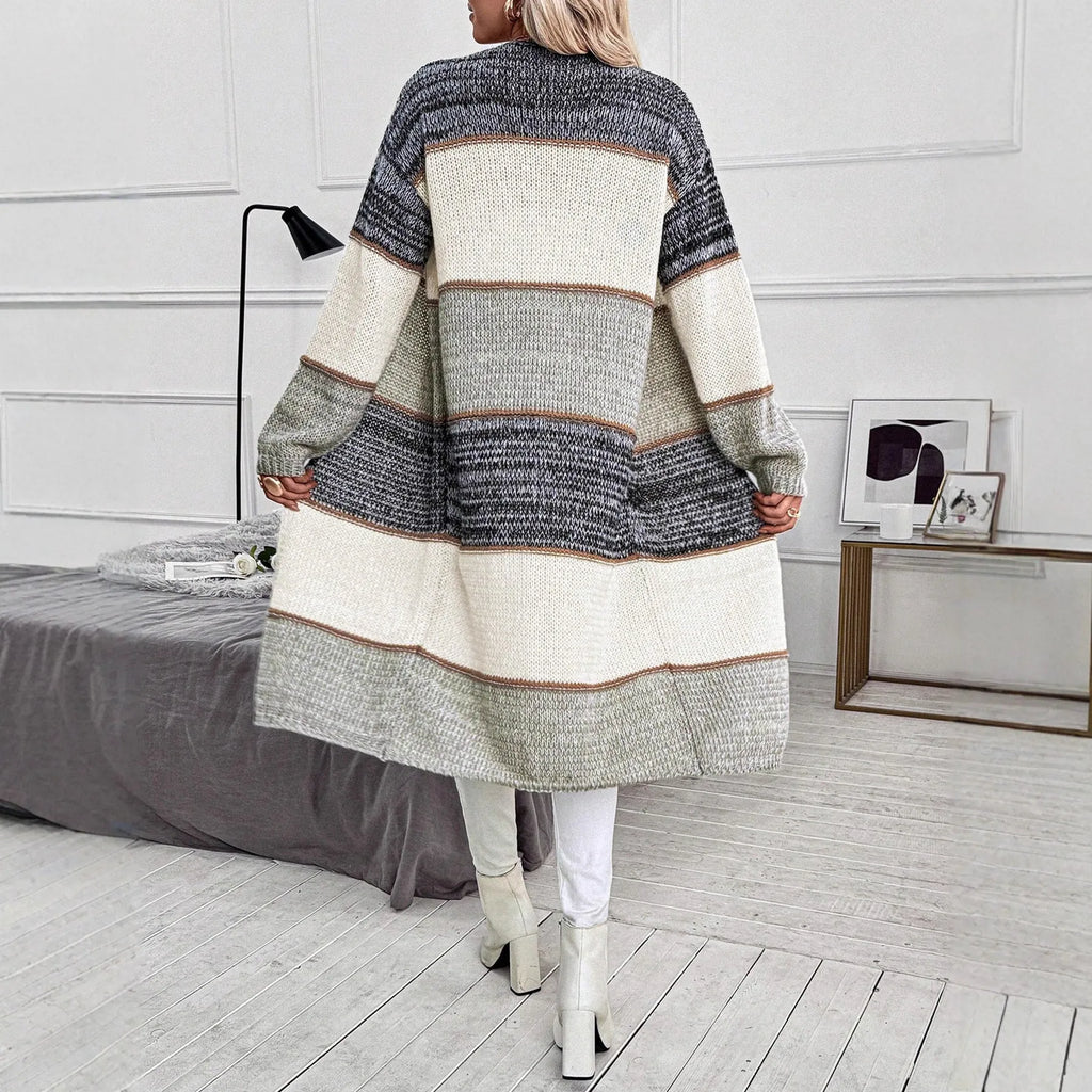 Grey striped knitted long cardigan with loose fit and long sleeves